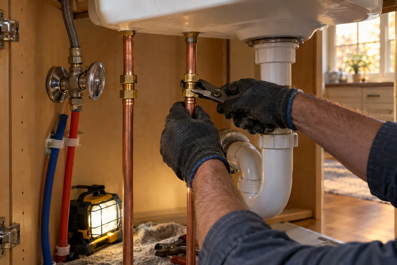 Plumber tightening a fitting on copper supply lines under a kitchen sink