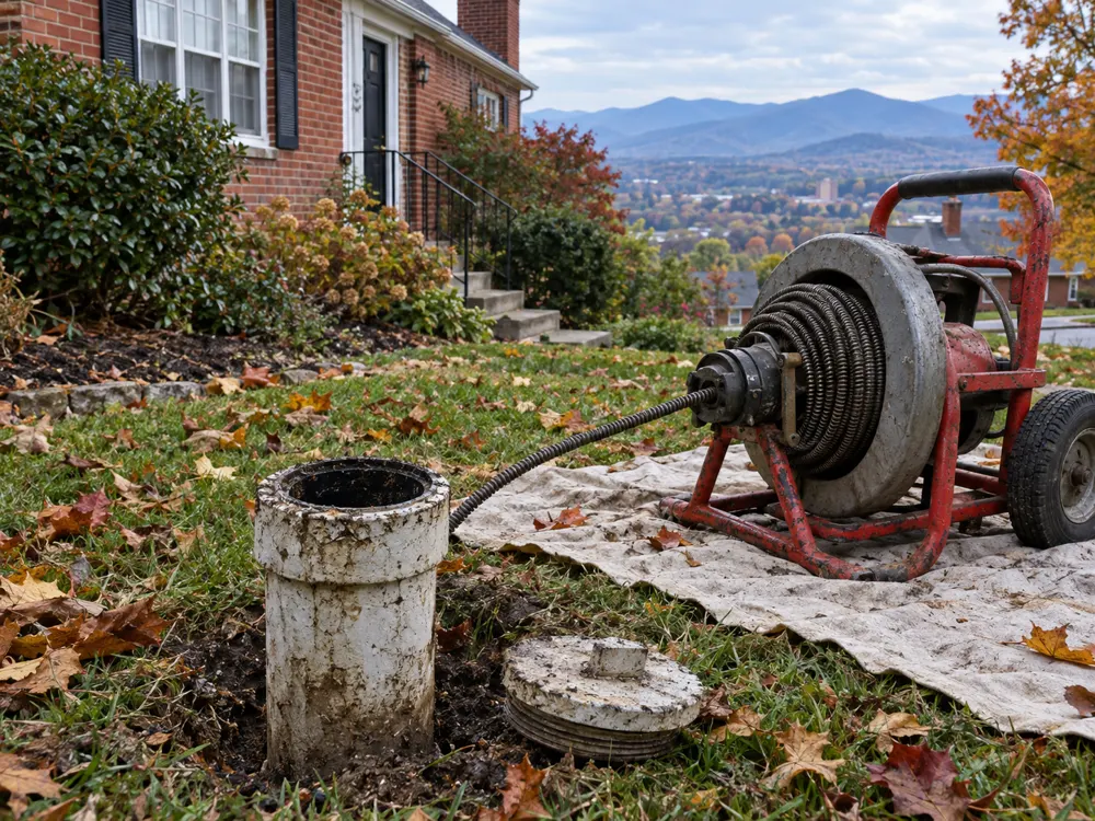 Open sewer cleanout in a front yard with a drain cable machine beside it