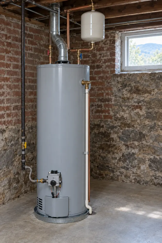 Gas water heater with expansion tank and relief valve piping in a brick basement
